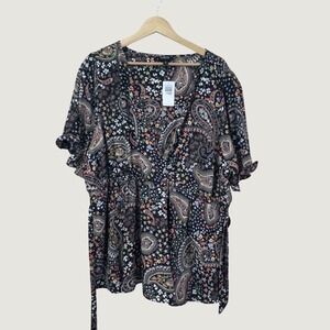 Torrid Paisley Floral Wrap Top 3X Black Boho Cottagecore Whimsygoth‎ Blouse